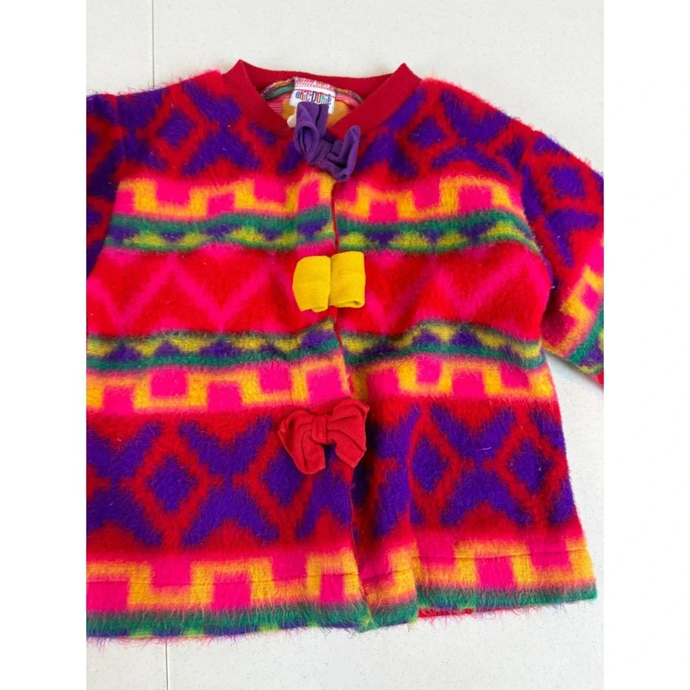 Vintage Okie Dokie Toddler 3T Fuzzy Neon Geometric Bow Cardigan Sweater Pink 90s